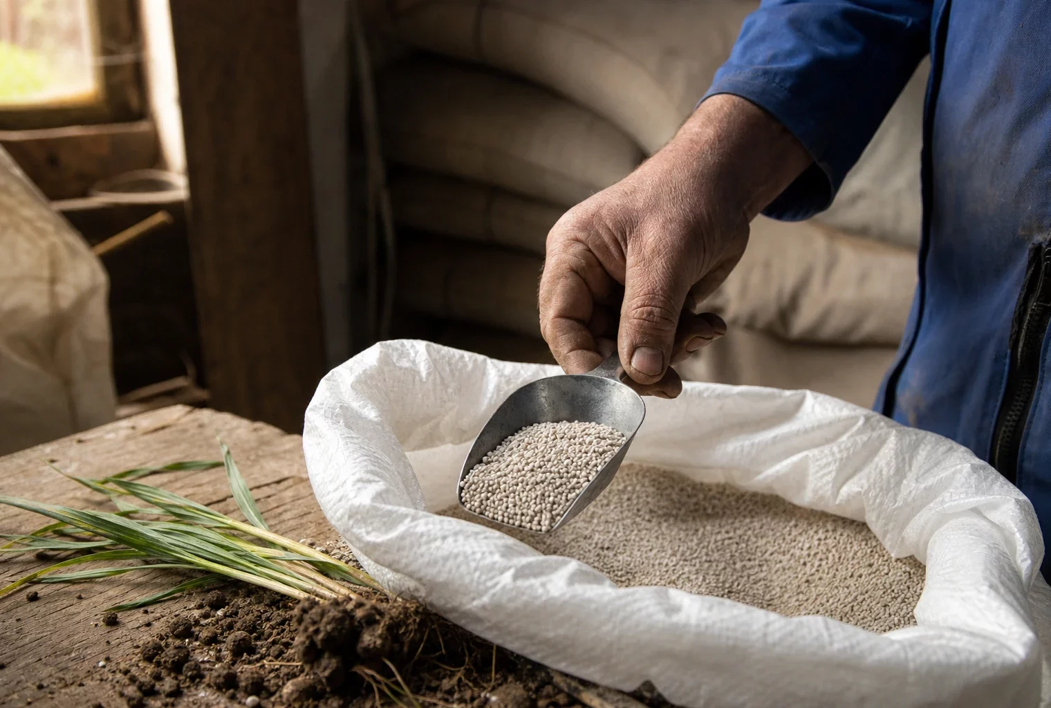 Main d’un agriculteur mesurant des granulés d’engrais dans une exploitation française éclairée par la lumière du matin