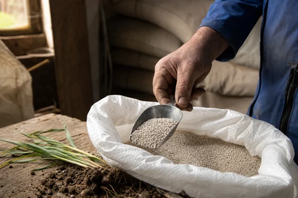 Main d’un agriculteur mesurant des granulés d’engrais dans une exploitation française éclairée par la lumière du matin
