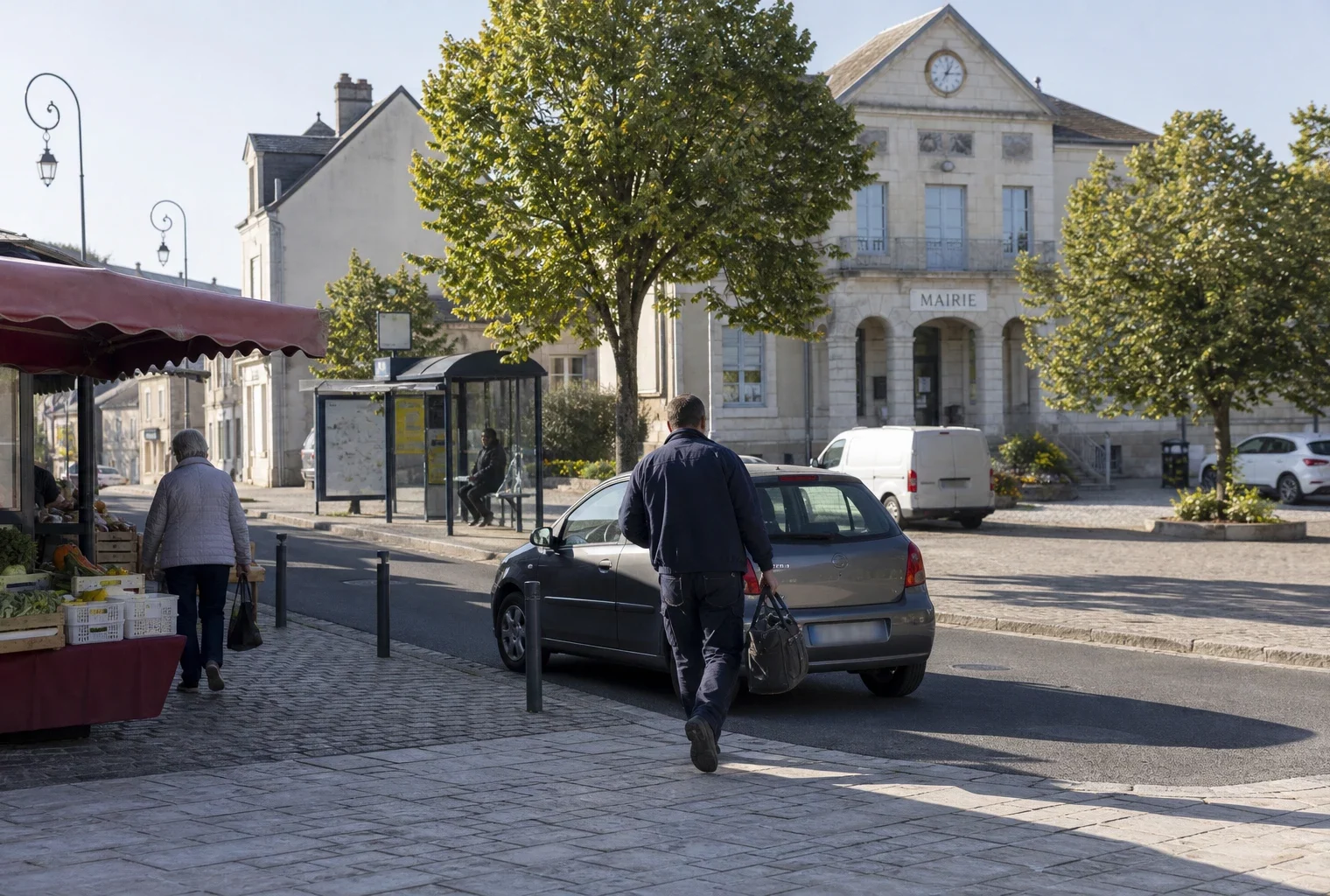 Travailleur rejoignant sa voiture sur une place de commune française, symbole des trajets quotidiens en zone rurale