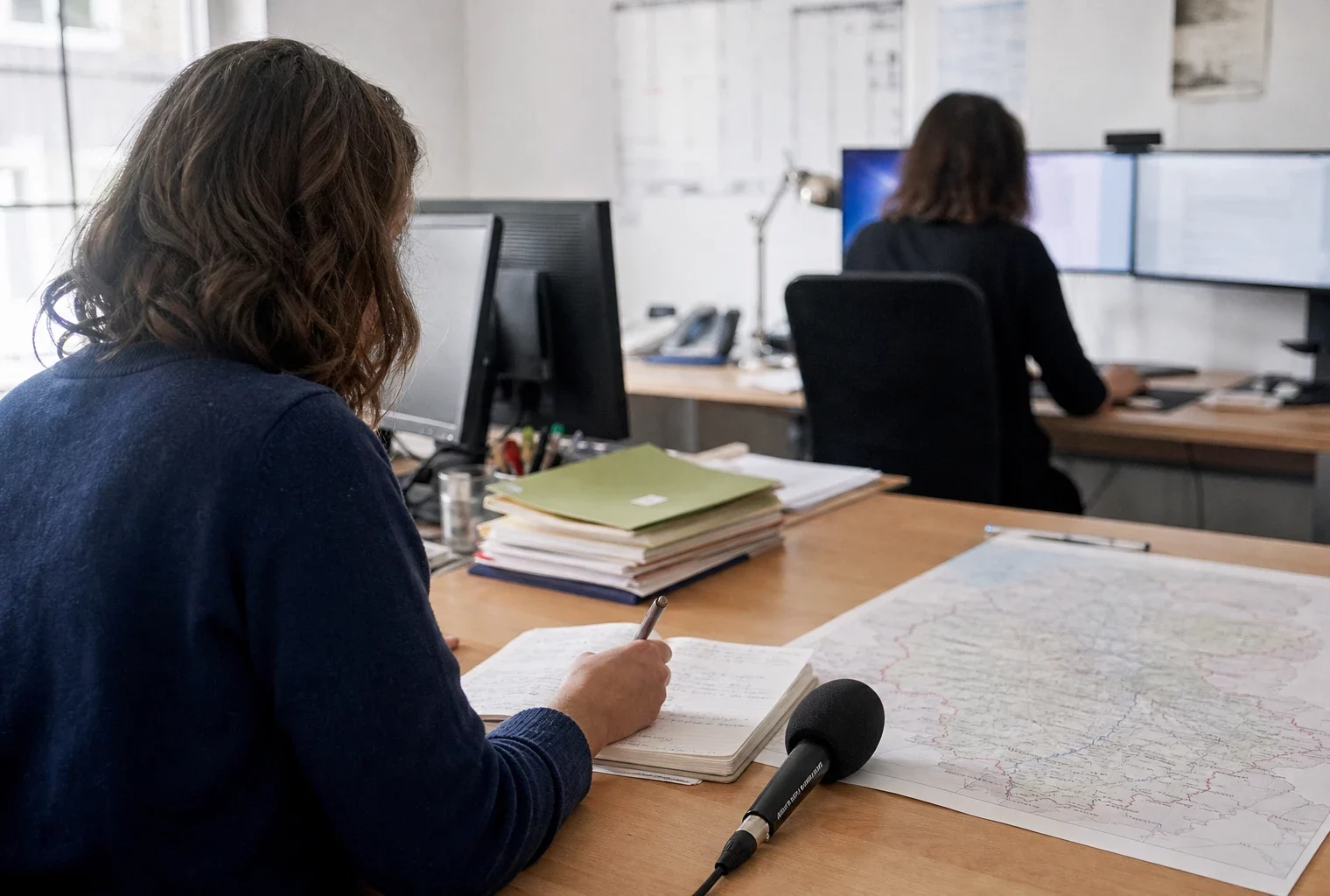 Journaliste préparant dans une rédaction locale un sujet sur l’aide à domicile, avec carnet, micro et carte floue