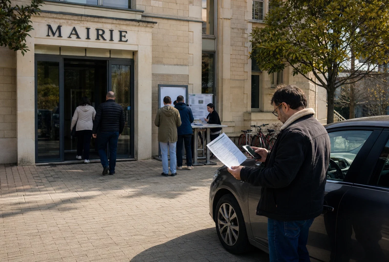 Citoyens anonymes devant une mairie française, évoquant l’aide aux grands rouleurs et les dépenses de carburant