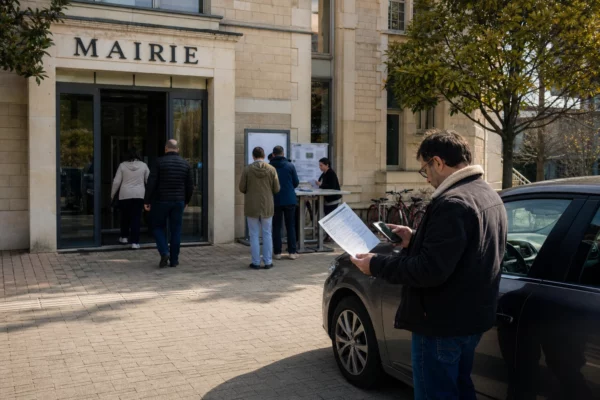 Citoyens anonymes devant une mairie française, évoquant l’aide aux grands rouleurs et les dépenses de carburant