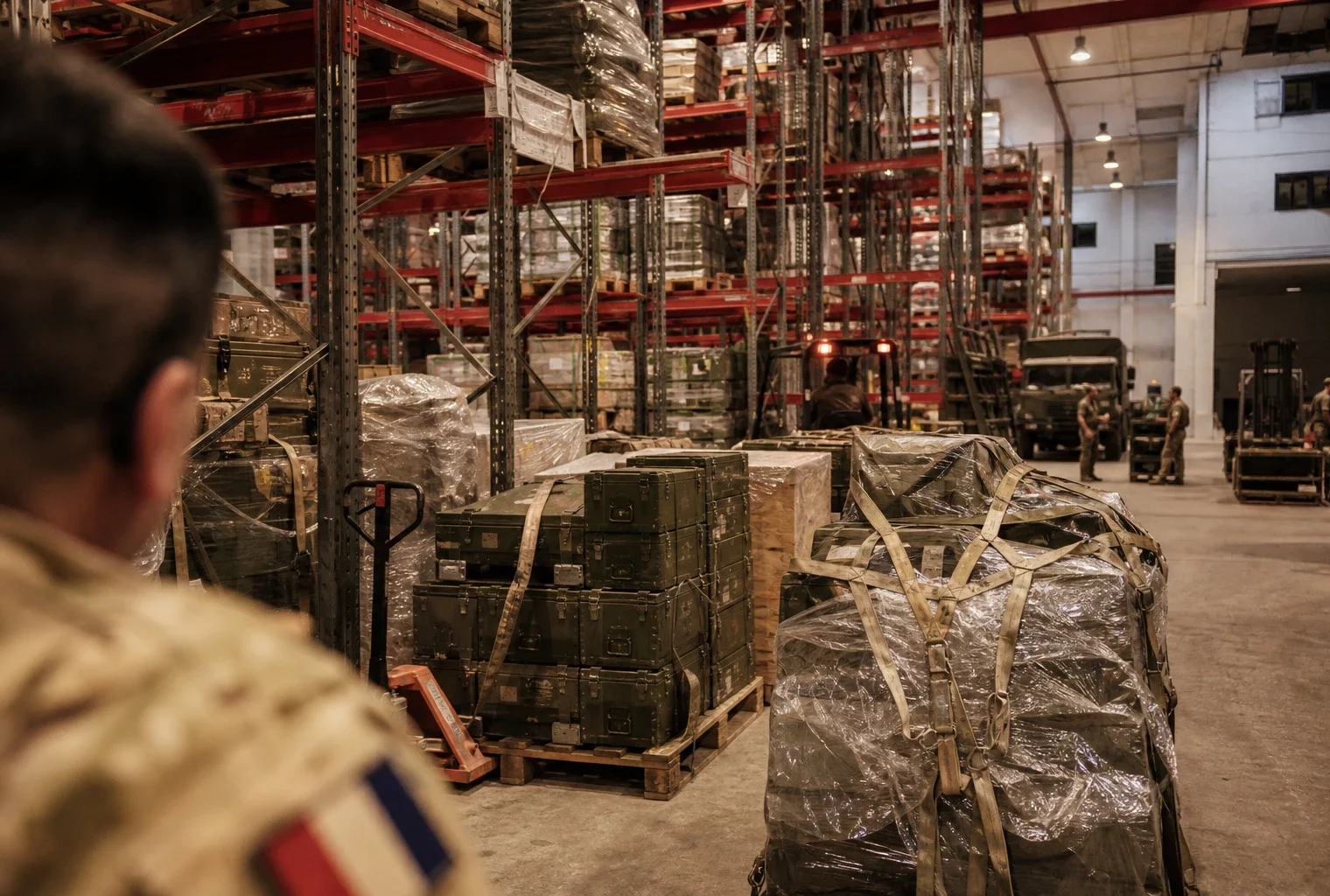 Dépôt logistique militaire en France avec palettes de caisses, sangles et chariots sous éclairage intérieur chaud.