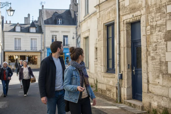Jeune couple devant une maison en centre-ville de Saumur, dans une rue animée aux façades en tuffeau