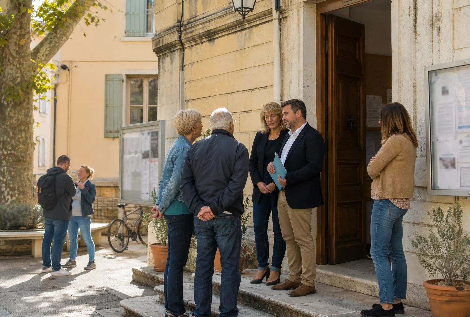 Citoyens anonymes échangeant devant une mairie française sur les enjeux de l’alliance politique et des territoires