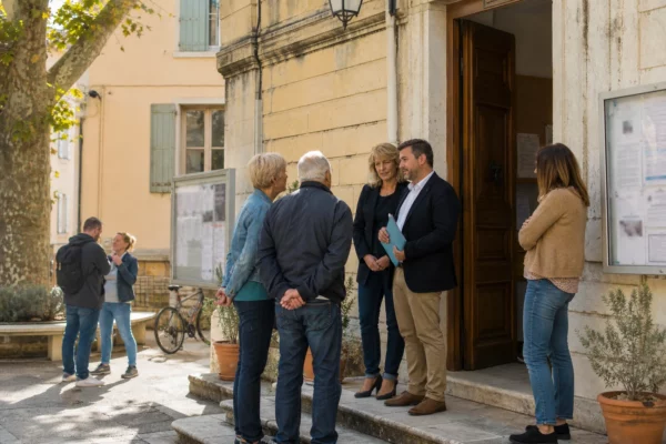 Citoyens anonymes échangeant devant une mairie française sur les enjeux de l’alliance politique et des territoires