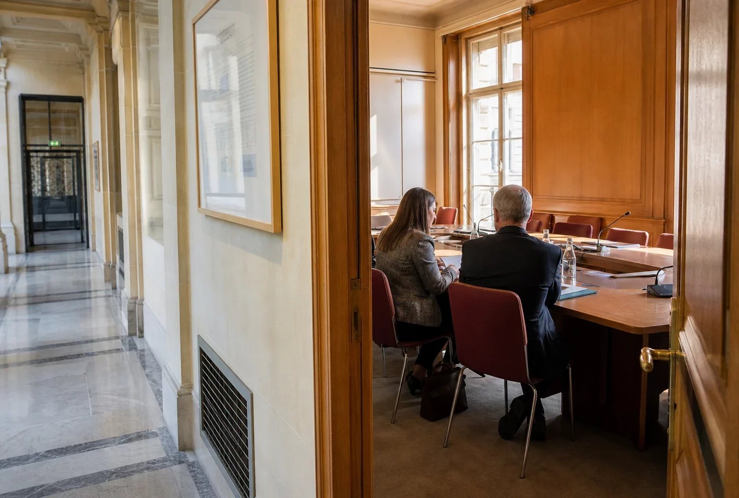 Hall lumineux d’une institution française avec salle d’audition, dossiers et fonctionnaires anonymes en discussion