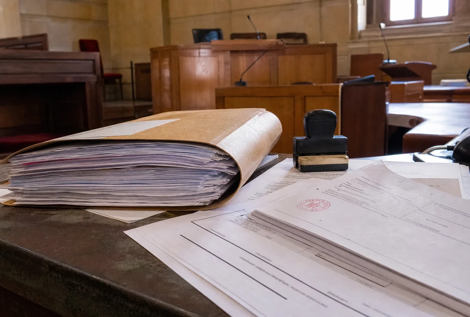 Dossier d’expulsion sur une table d’audience, dans un tribunal administratif français.