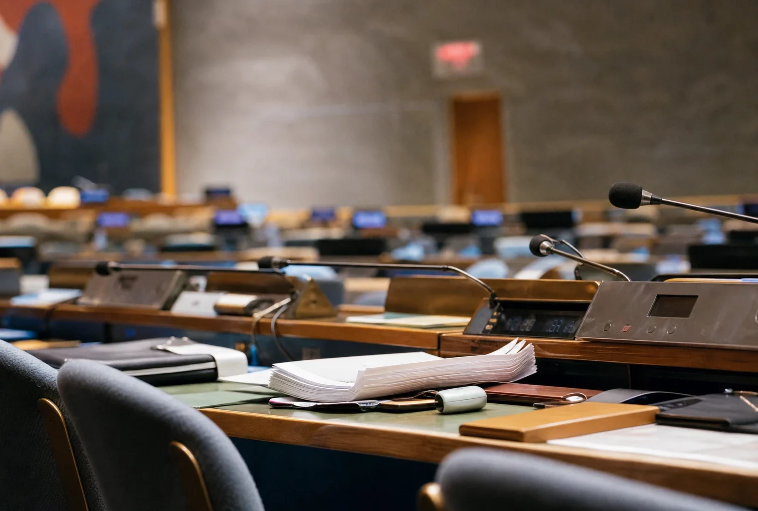 La tribune de l’Assemblée générale de l’ONU à New York, avec les pupitres et micros des délégations.