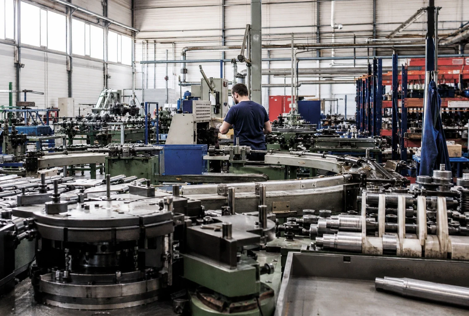 Atelier industriel avec machines et pièces métalliques, évoquant la production d’armes et les arbitrages budgétaires.