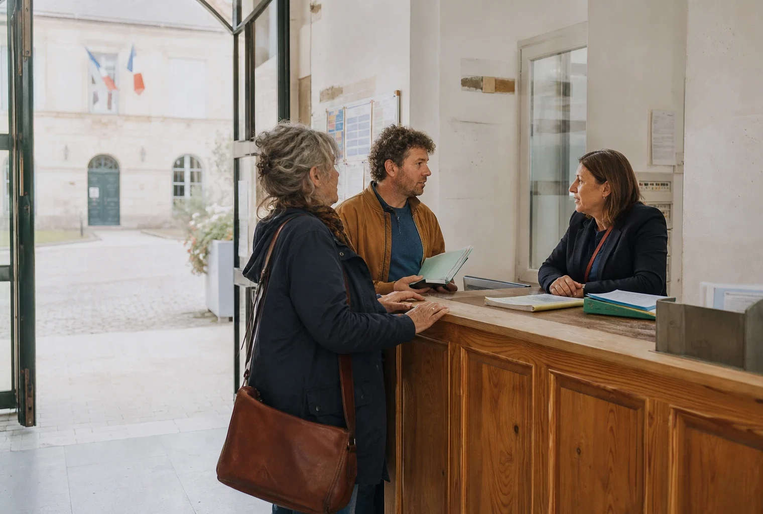 Citoyens échangeant avec un élu anonyme dans le hall lumineux d’une mairie française
