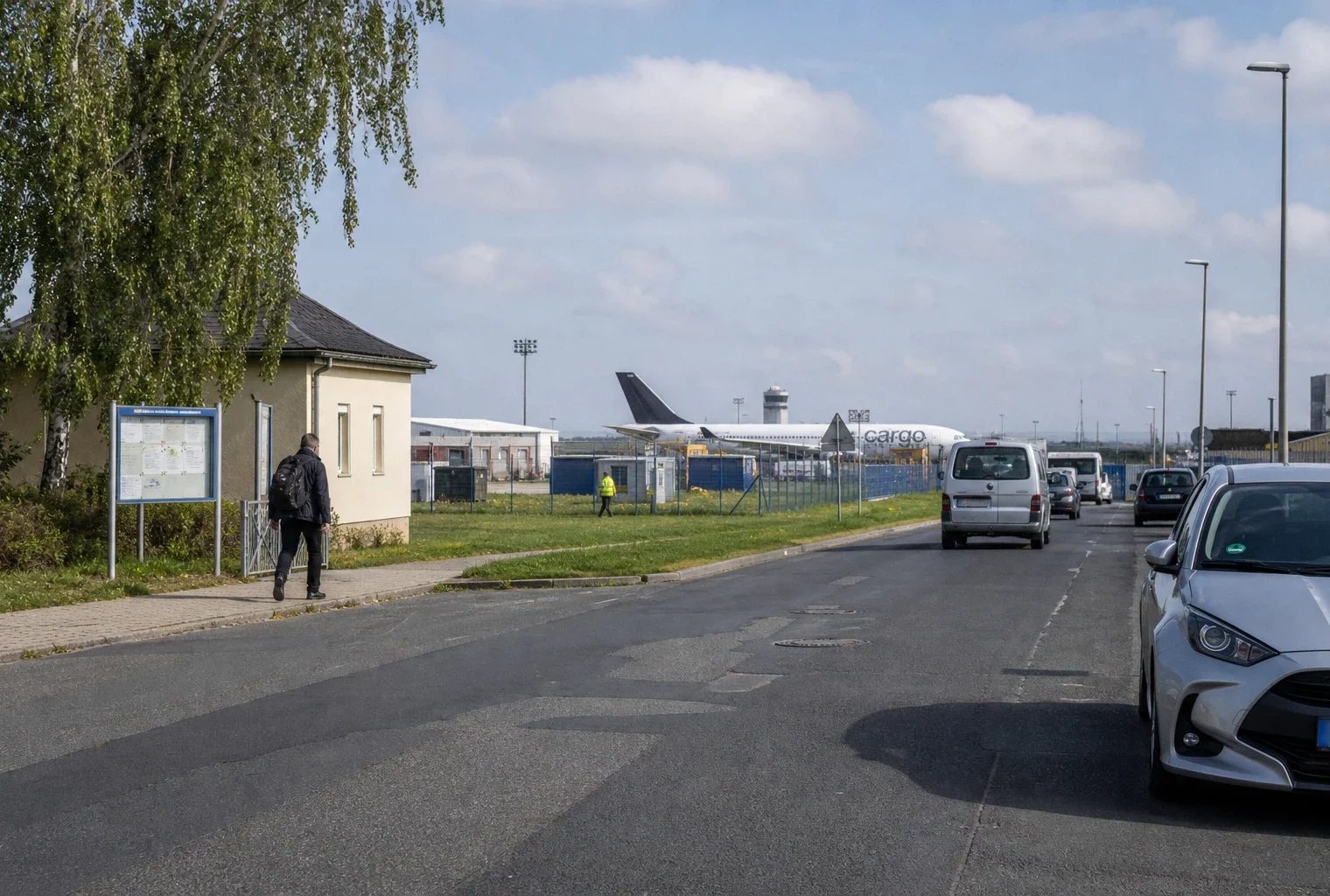 Scène de reportage près de l’aéroport de Leipzig, avec des habitants et des activités logistiques dans un cadre calme