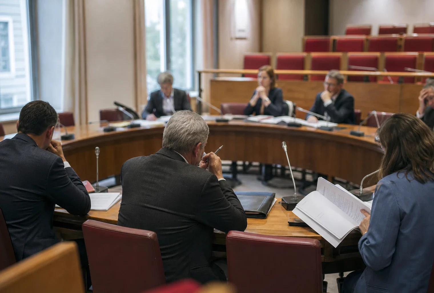 Réunion de commission parlementaire avec élus anonymes, micros et dossiers autour d’une table en lumière naturelle