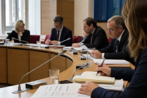 Réunion de commission parlementaire avec élus anonymes, micros et dossiers autour d’une table
