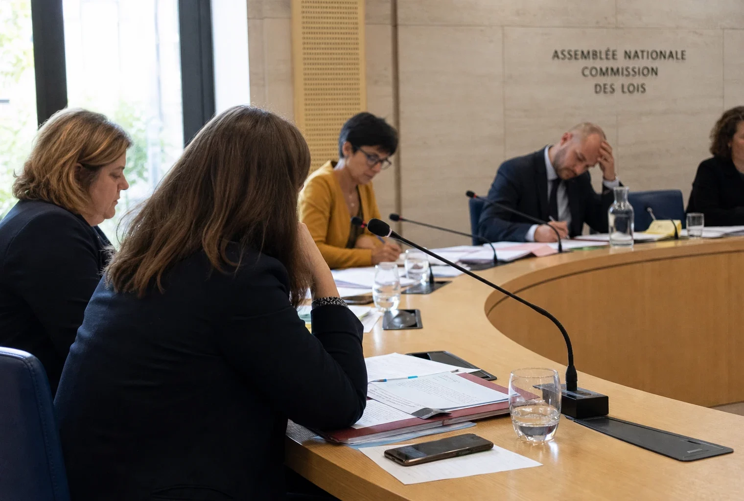 Audition parlementaire montrant des personnes anonymes autour de micros et de dossiers dans une salle publique française