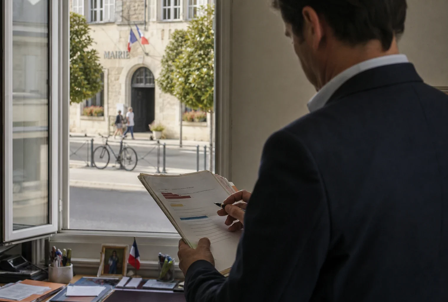 Élu local anonyme annotant un dossier dans une mairie française, avec une rue de province en arrière-plan flou