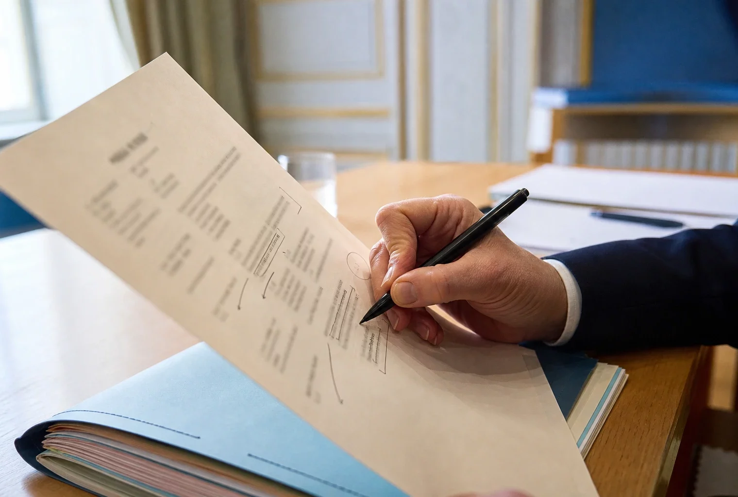 Main annotant un dossier administratif dans un bureau ministériel français, pour illustrer la baisse des indemnités des ministres