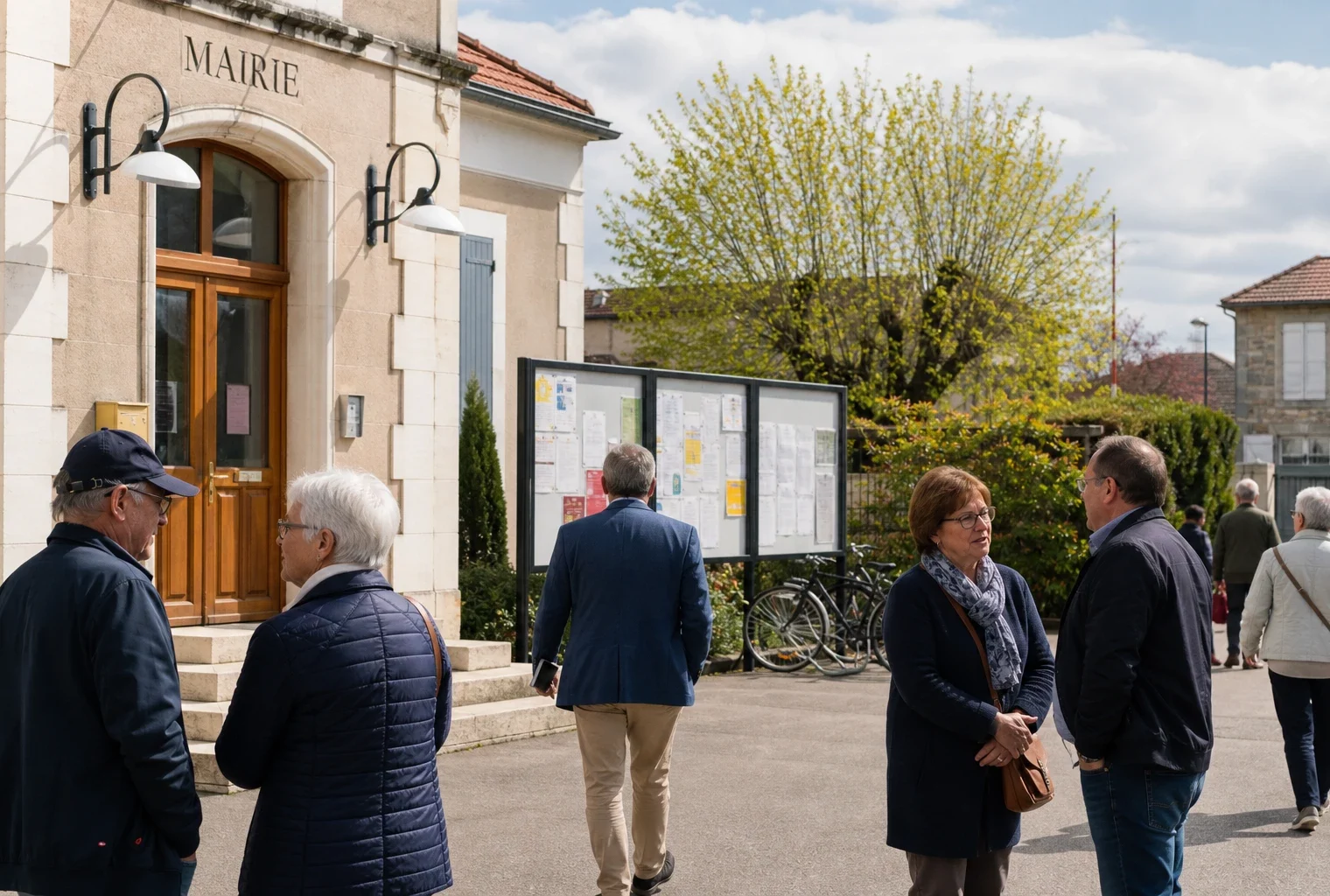 Citoyens anonymes échangeant devant une mairie française, une scène de proximité liée à la présidentielle de 2027