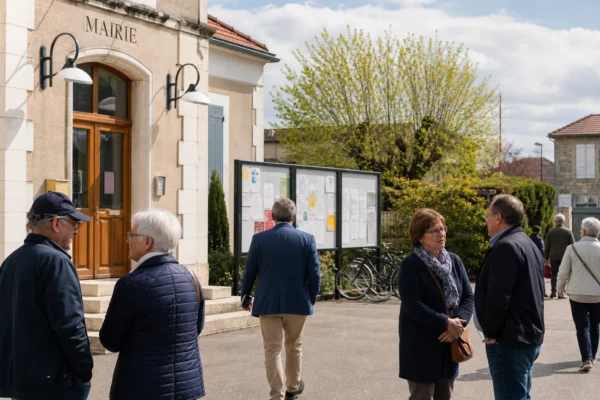 Citoyens anonymes échangeant devant une mairie française, une scène de proximité liée à la présidentielle de 2027