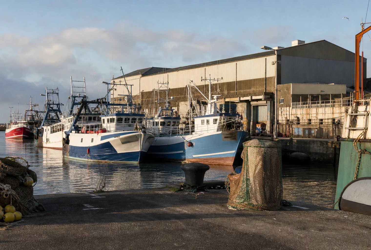 Des bateaux de pêche amarrés dans le port de Saint-Pierre, avec filets et matériel de quai en premier plan.
