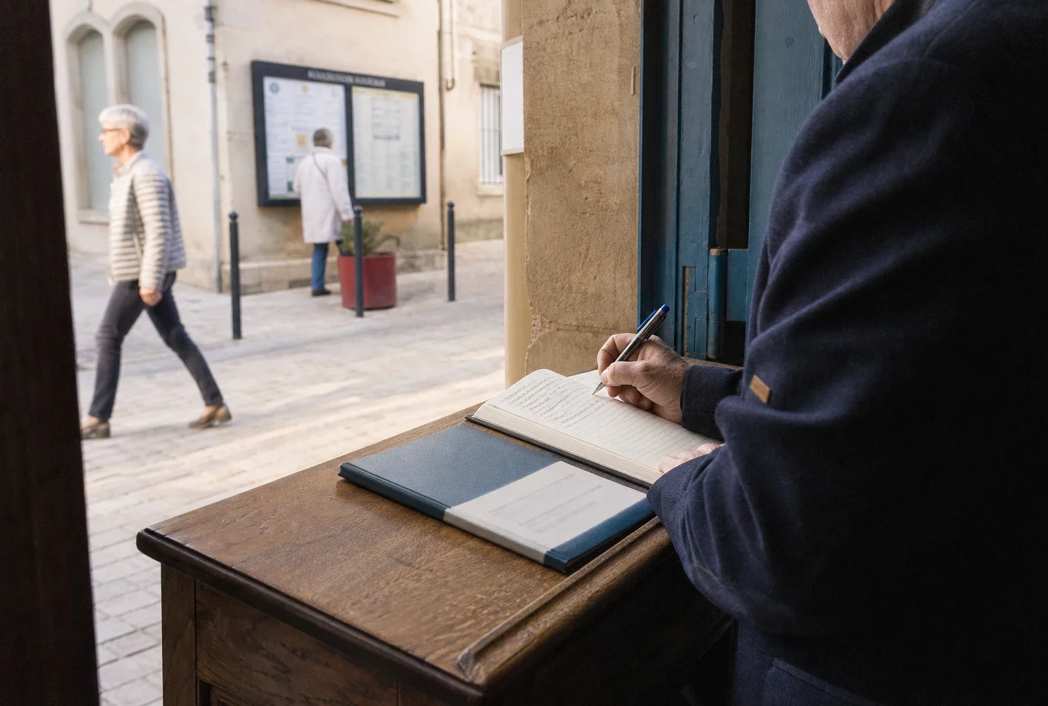 Élu local anonyme prenant des notes dans une mairie française, symbole du débat sur la primaire présidentielle de 2027