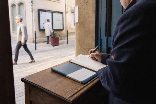 Élu local anonyme prenant des notes dans une mairie française, symbole du débat sur la primaire présidentielle de 2027