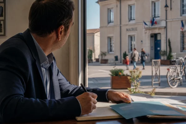 Élu local anonyme prenant des notes dans une mairie française, symbole du renouvellement du bloc modéré