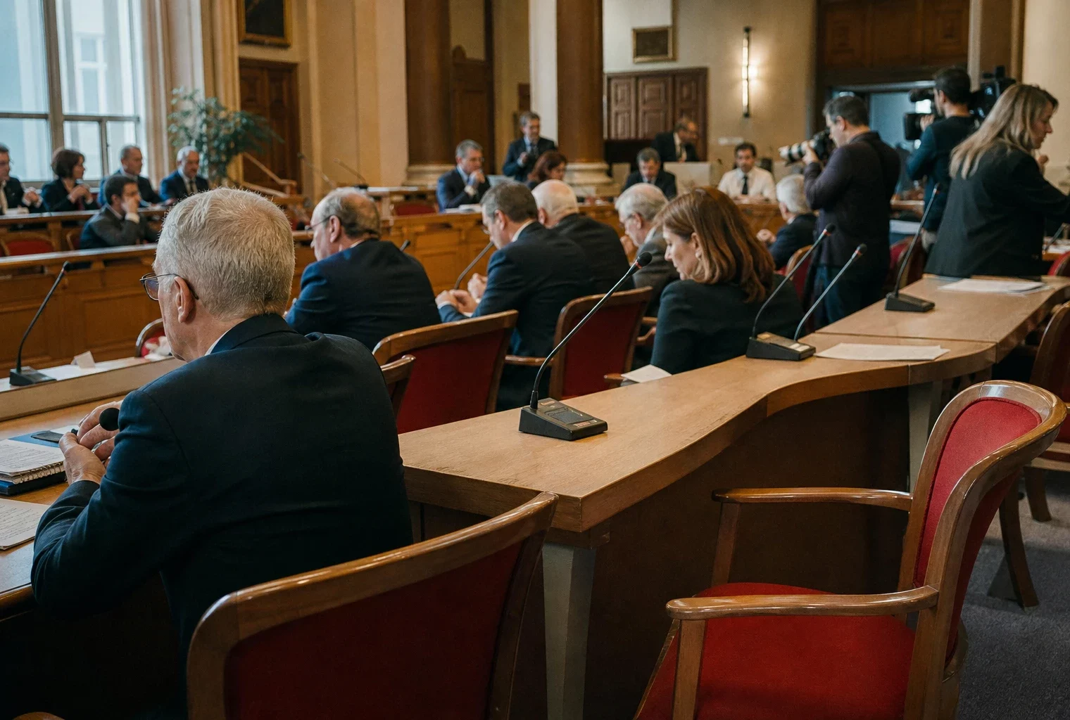 Salle municipale française avec micros, dossiers flous et chaise vide lors d’un rendez-vous politique à Lille