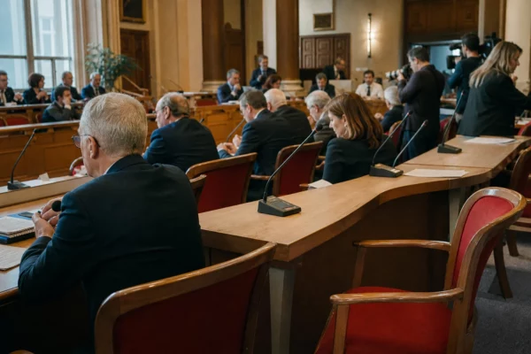 Salle municipale française avec micros, dossiers flous et chaise vide lors d’un rendez-vous politique à Lille