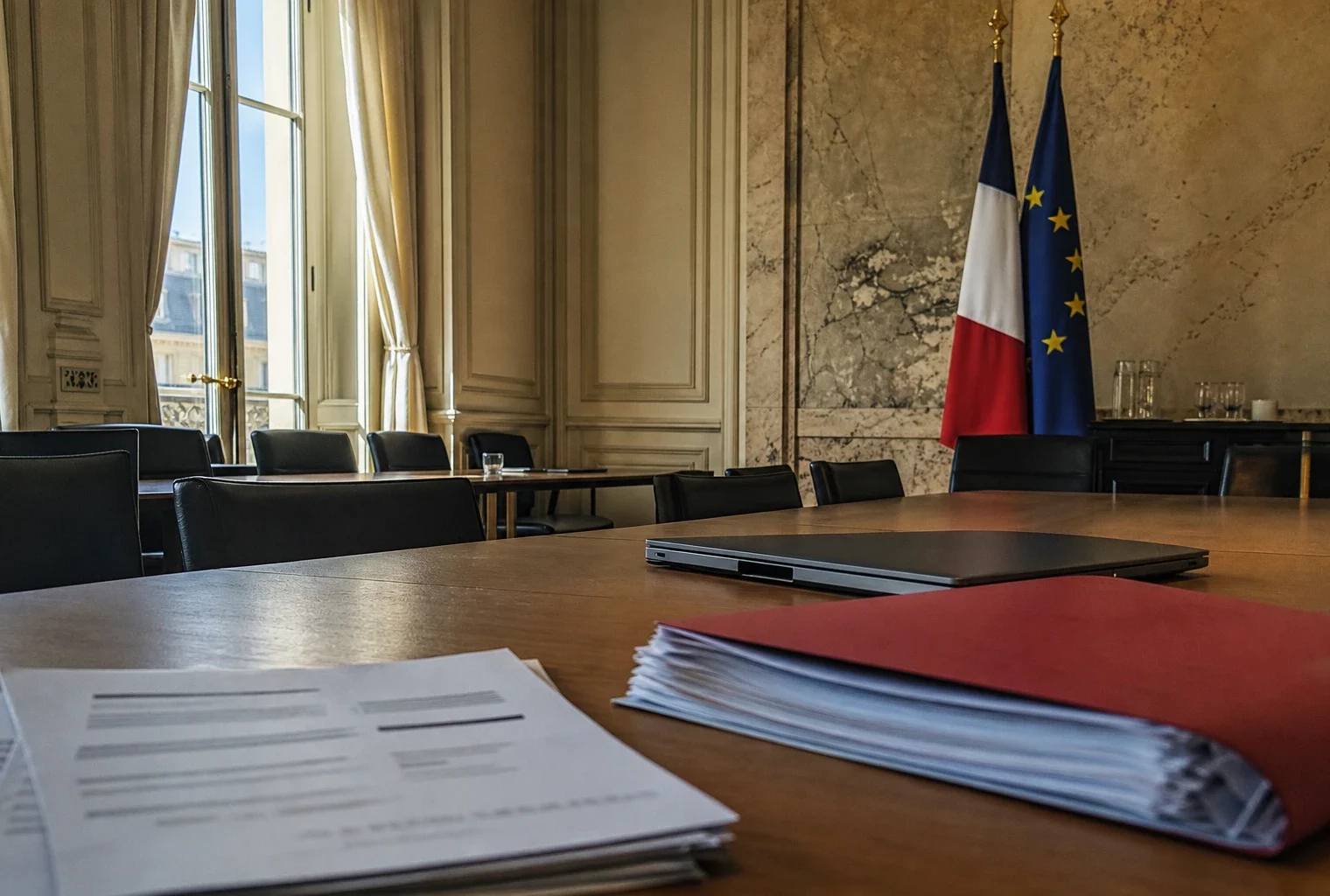 Bureau institutionnel français préparant un budget, avec dossier rouge, ordinateur fermé et lumière naturelle sur le marbre