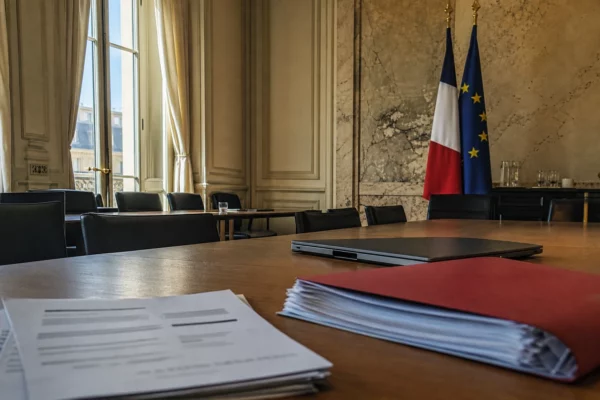 Bureau institutionnel français préparant un budget, avec dossier rouge, ordinateur fermé et lumière naturelle sur le marbre