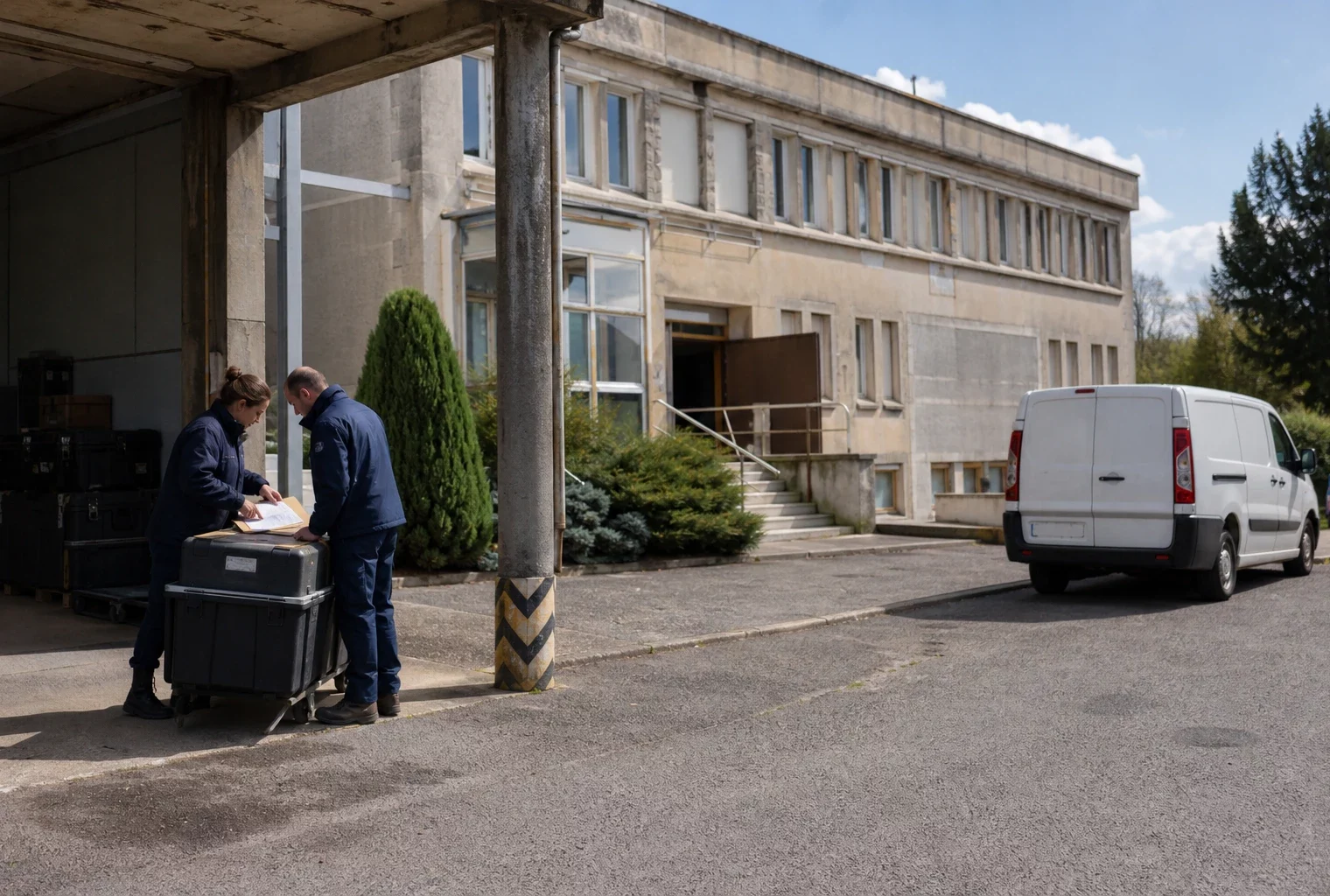Scène de reportage dans un site public français, avec agents anonymes et équipement logistique liés au budget 2027