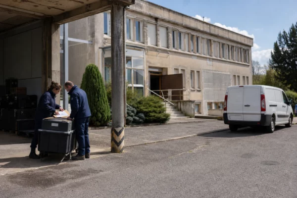 Scène de reportage dans un site public français, avec agents anonymes et équipement logistique liés au budget 2027