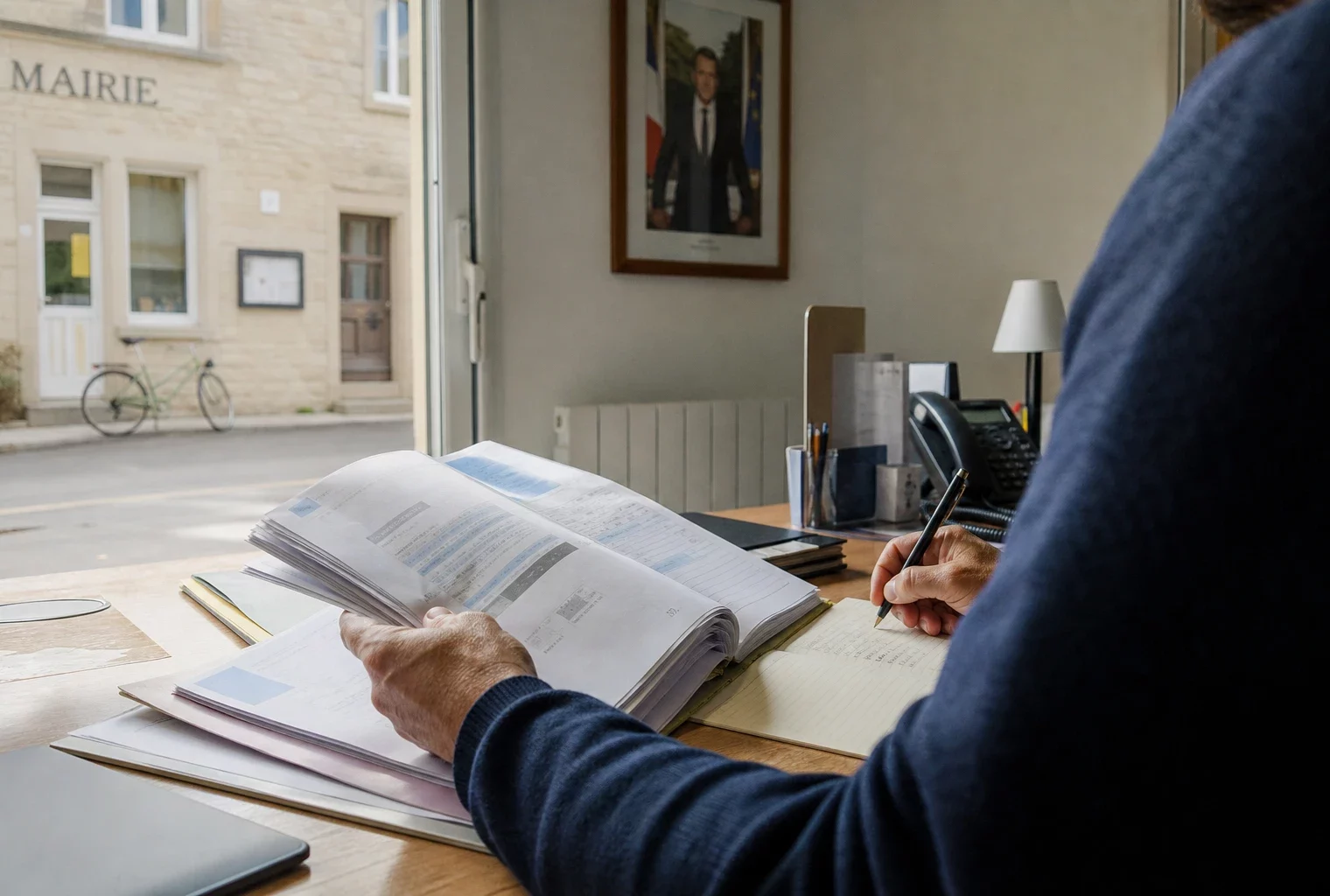 Élu local anonyme consultant un dossier budgétaire dans une mairie française lumineuse