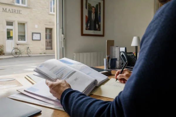 Élu local anonyme consultant un dossier budgétaire dans une mairie française lumineuse