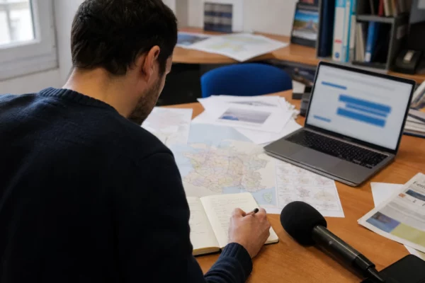 Journaliste préparant un sujet sur le budget 2027 dans une rédaction locale française, avec carnet et carte floue