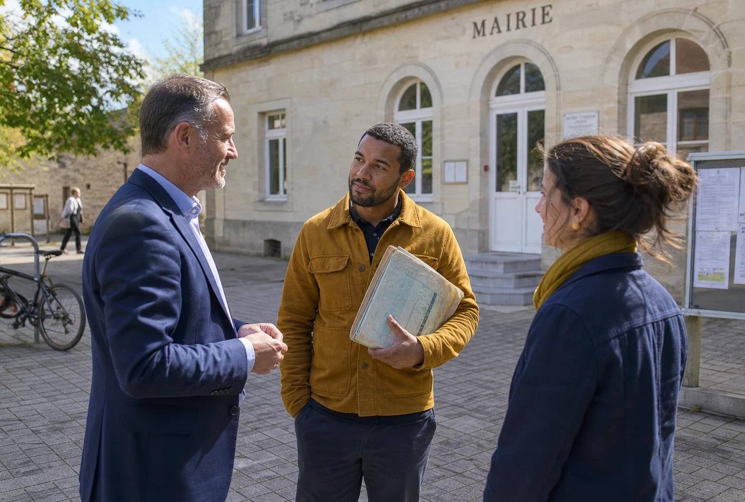 Citoyens échangeant avec un élu anonyme devant une mairie française au sujet de démarches économiques