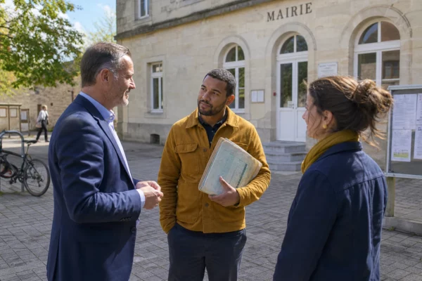 Citoyens échangeant avec un élu anonyme devant une mairie française au sujet de démarches économiques