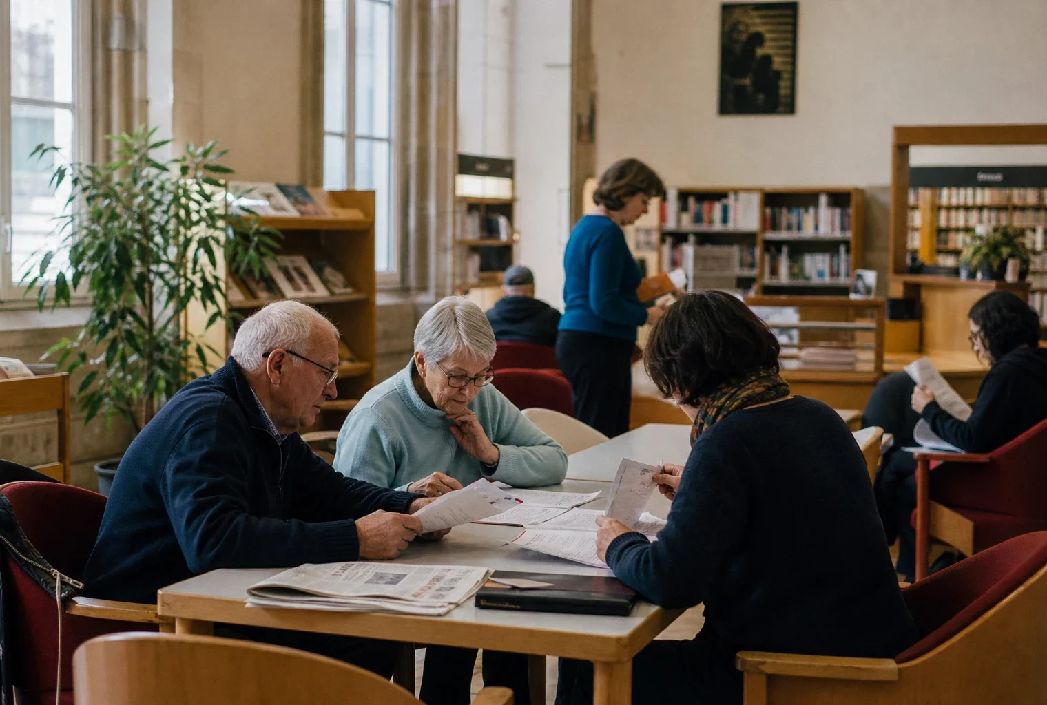 Visiteurs anonymes dans une médiathèque municipale, autour de documents liés aux effets du budget 2027