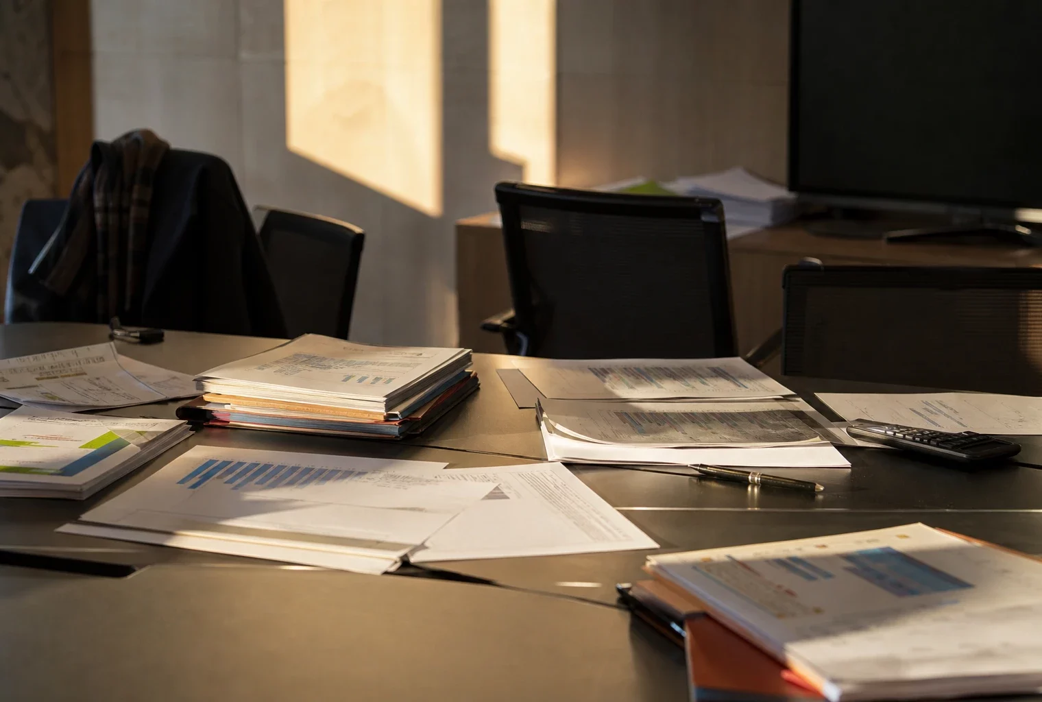 Des dossiers budgétaires et une calculatrice sur une table de réunion dans un bureau de l’administration financière.