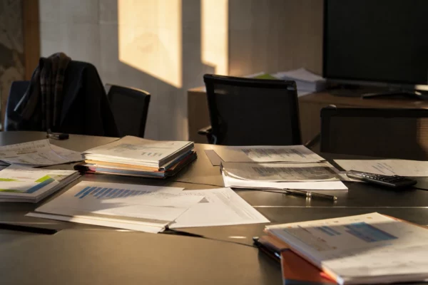 Des dossiers budgétaires et une calculatrice sur une table de réunion dans un bureau de l’administration financière.