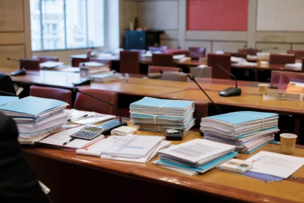 Salle de commission parlementaire avec dossiers budgétaires, calculatrices et micros de table autour d’une discussion sur le budget 2027.