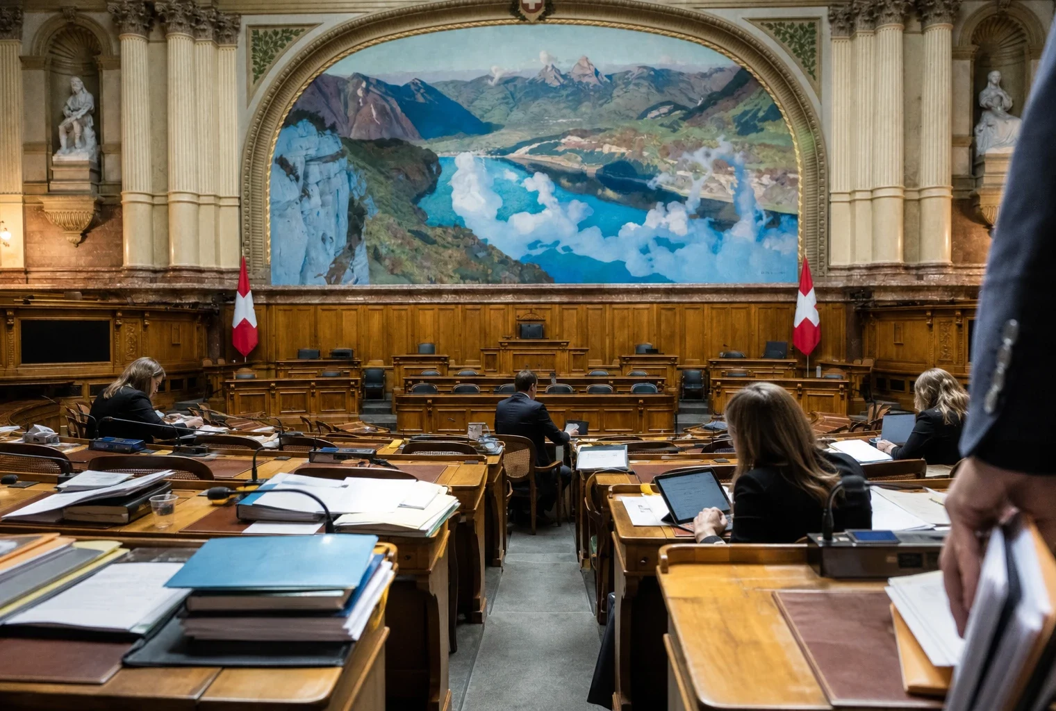 Salle de commission parlementaire vide avec pupitres, dossiers budgétaires et micros sous une lumière grise et humide.