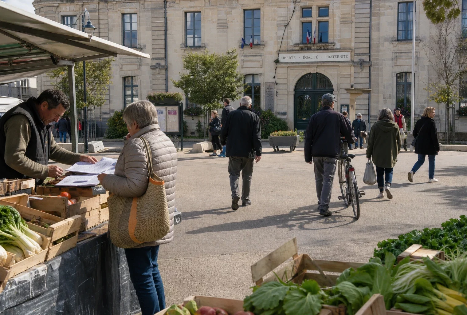 Marché d’une ville française avec habitants anonymes devant un équipement municipal, dans une scène de vie locale claire
