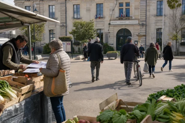Marché d’une ville française avec habitants anonymes devant un équipement municipal, dans une scène de vie locale claire