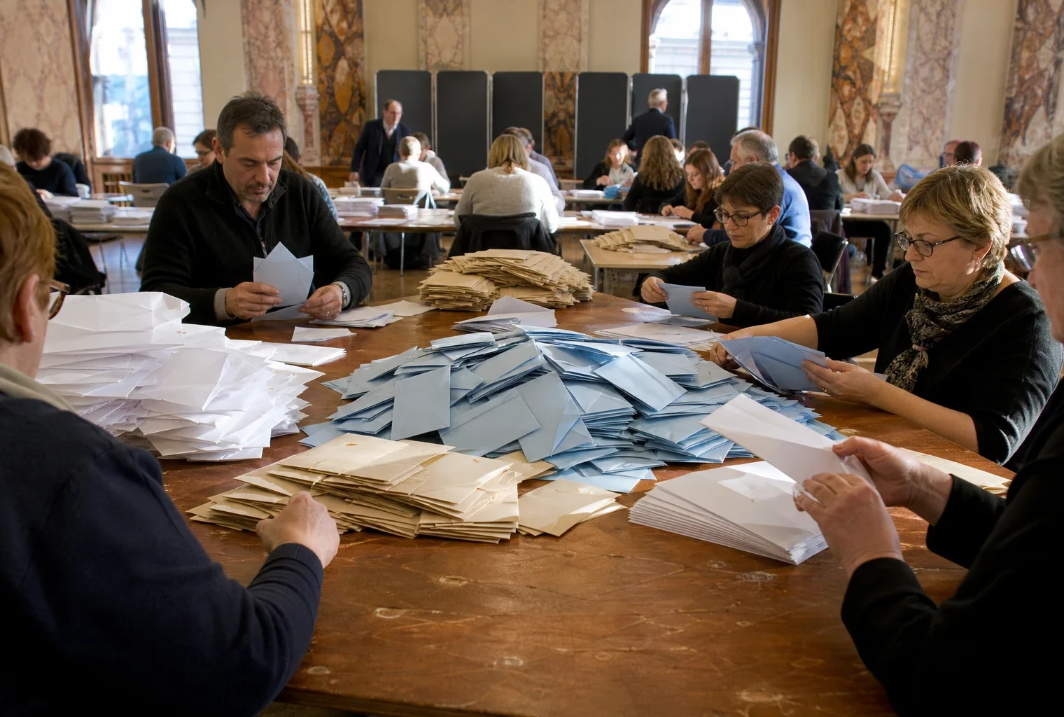Bulletins et enveloppes de vote sur une table, dans une salle municipale où des grands électeurs préparent le scrutin.