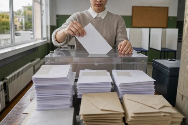 Bulletins de vote et enveloppes sur une table de dépouillement, avec urne et isoloirs alignés dans un bureau de vote.