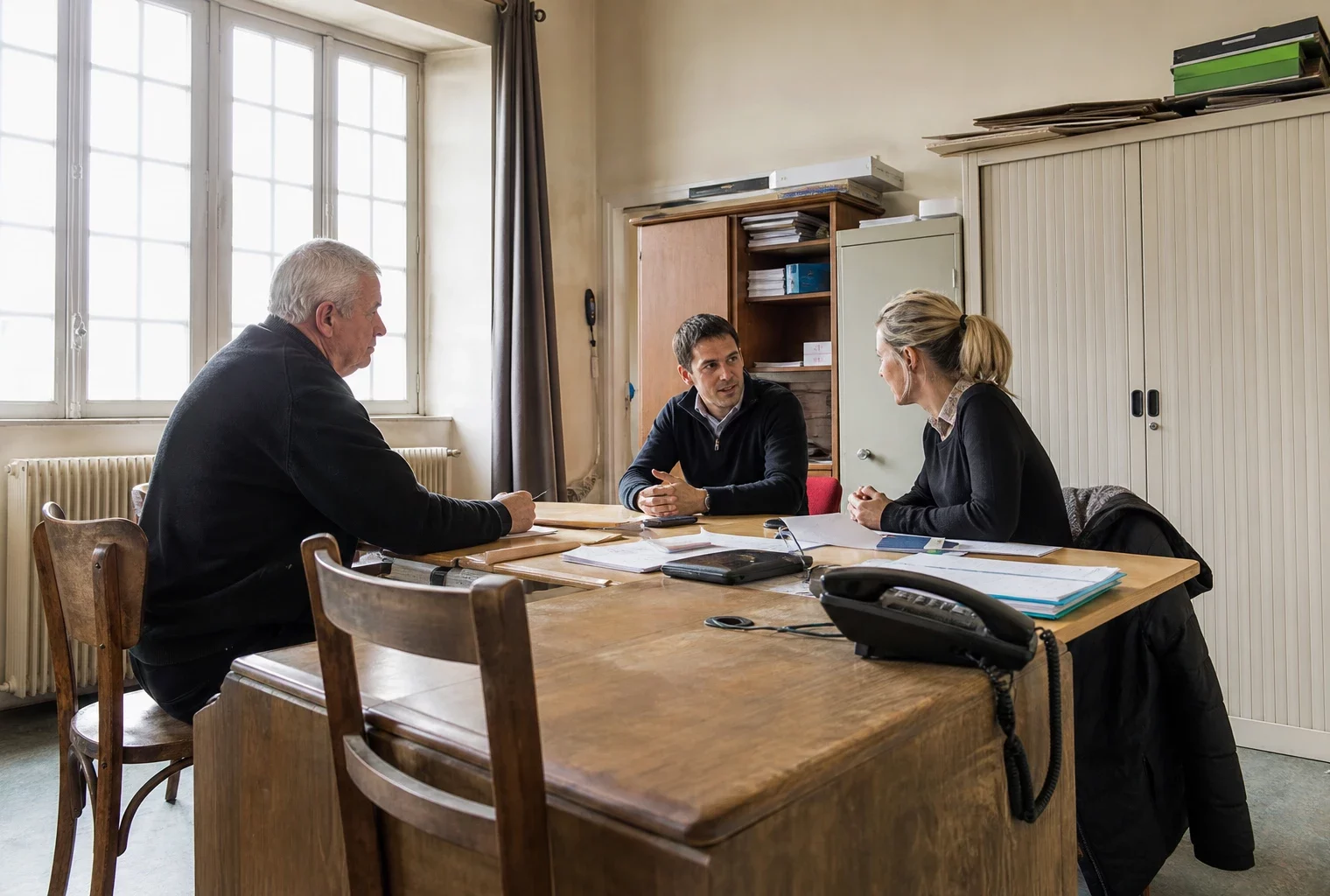 Un bureau de mairie avec table, chaises et dossiers, lieu des rendez-vous de campagne des sénatoriales.