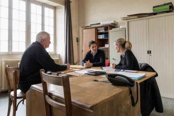 Un bureau de mairie avec table, chaises et dossiers, lieu des rendez-vous de campagne des sénatoriales.