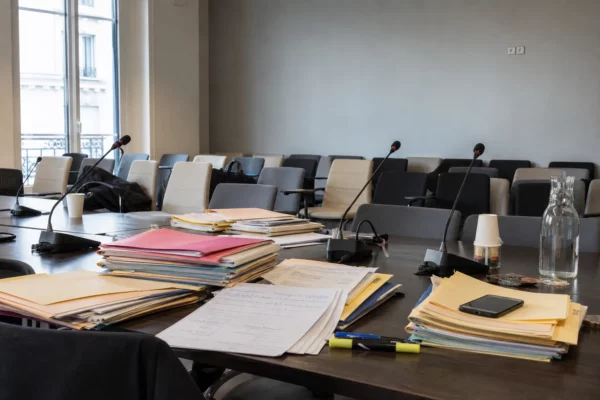 Salle de réunion d’un parti avec dossiers de candidature et micros, au moment d’une décision interne.